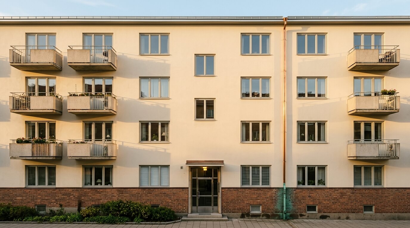 Frontalt foto av flerbostadshus i varmt kvällsljus — fasad, tak, fönster, balkonger och stuprör synliga som en visuell inventering av byggnadskomponenter