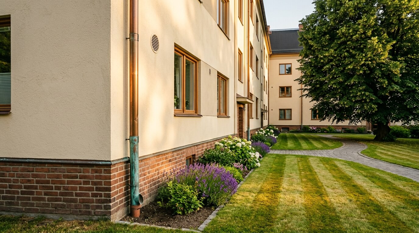 Hörn av flerbostadshus där putsfasad med kopparstupränna möter en nyklippt gräsmatta med blommande rabatt i gyllene kvällsljus
