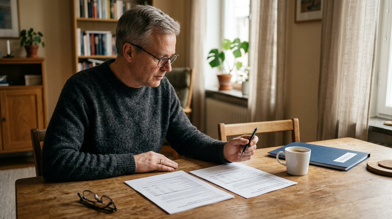 Person granskar förvaltningsofferter vid matbord hemma i varmt eftermiddagsljus — papper, penna och kaffekopp på bordet