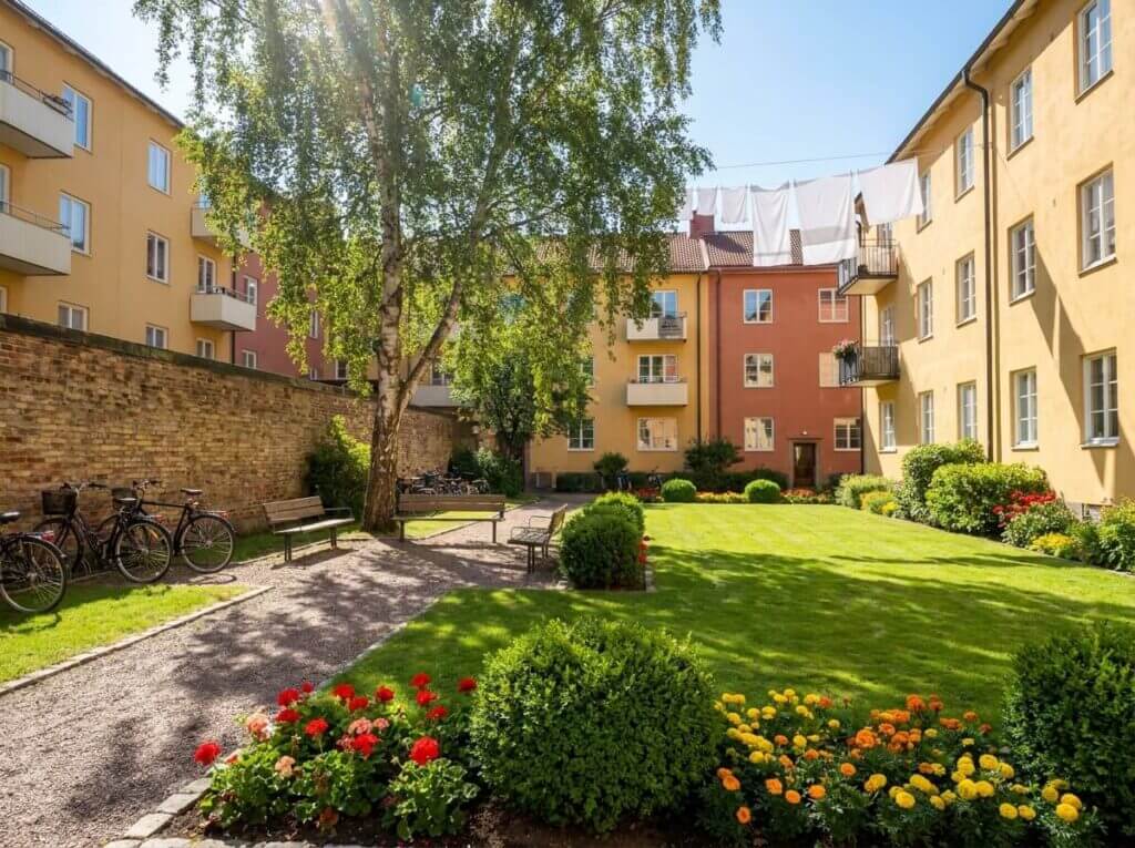 Välskött innergård med blommor, nyklippt gräs och bänkar i solsken — fastighetsskötsel i Göteborg