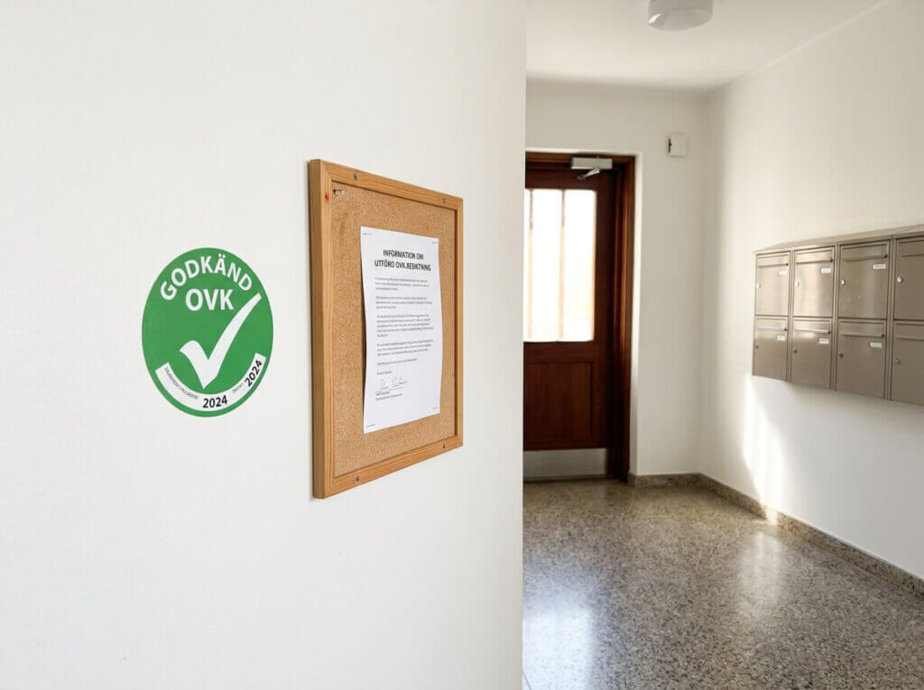 Grön OVK-dekal på vägg i entré till flerfamiljshus — godkänd ventilationskontroll