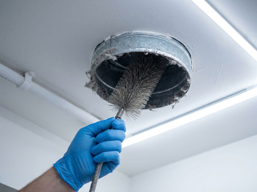Kanalrensning av ventilationskanal med roterande borste — vanlig åtgärd efter underkänd OVK