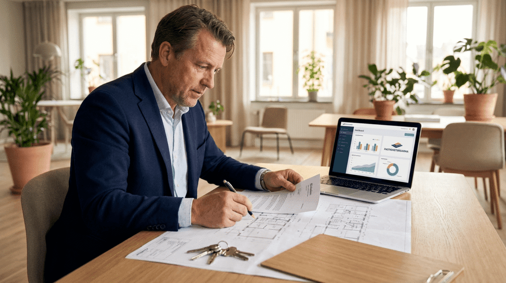En man i kostym sitter vid ett skrivbord och granskar dokument och arkitektritningar. En bärbar dator med grafer och diagram står öppen bredvid honom i ett ljust, modernt kontor med växter och stora fönster. Nycklar och en skrivplatta ligger på bordet.